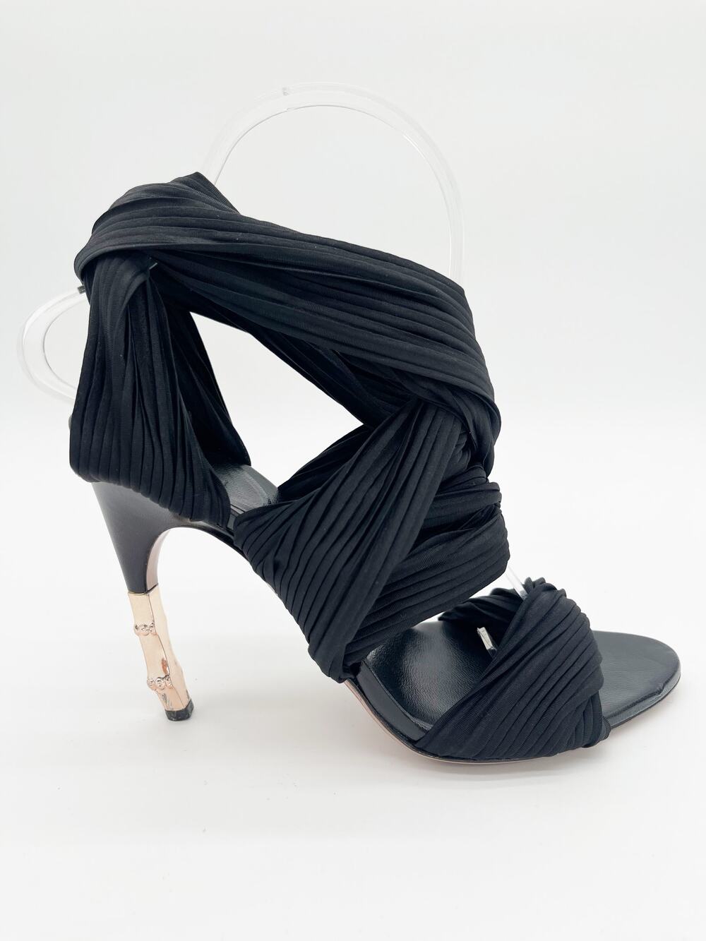 Gucci 2004 Runway Tom Ford Black Jersey Wrap Bamboo Heel Sandal Heels EU 36